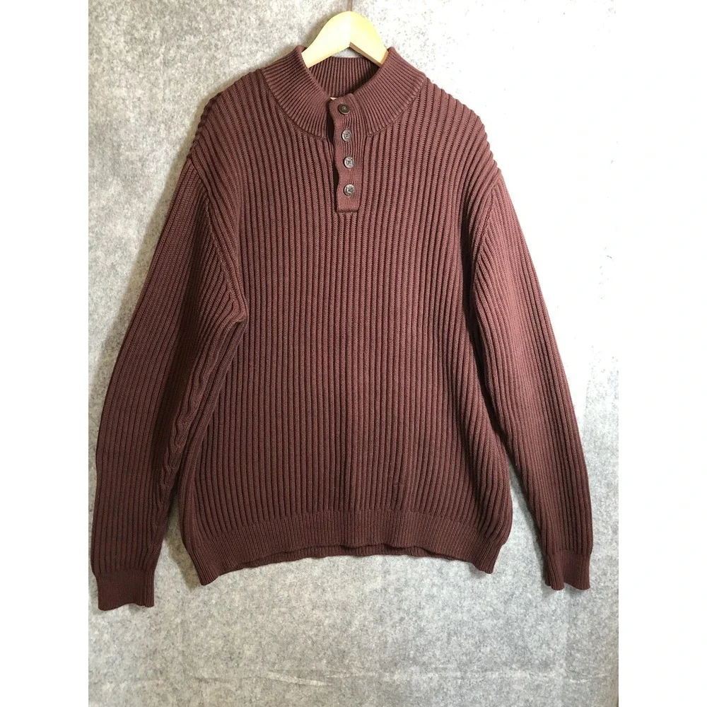 L.L. Bean Sweater Mens XL Tall Maroon Red Henley Cotton Crew Fisherman Classic